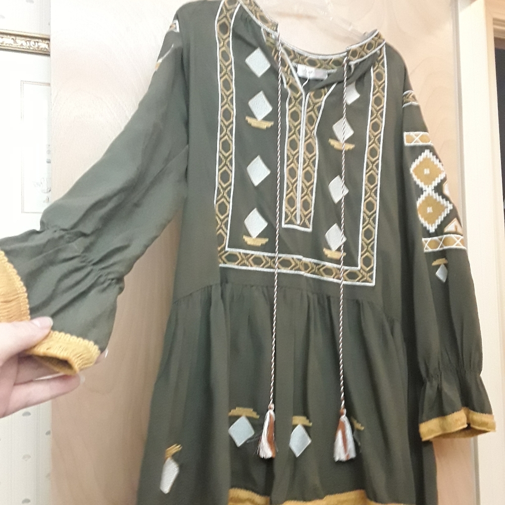 Olive Green Tribal Boho Peasant Tunic Dress L New Tags